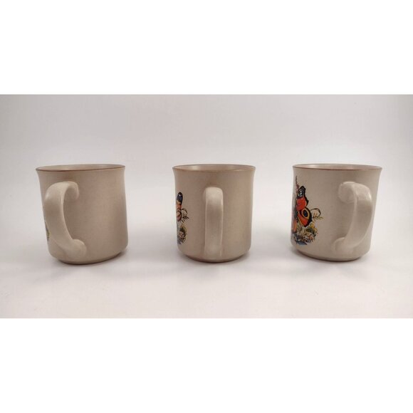 Vintage MCM Butterfly Stoneware Coffee Mugs Tea Cup Set Of 3 Yellow Orange - Picture 2 of 11